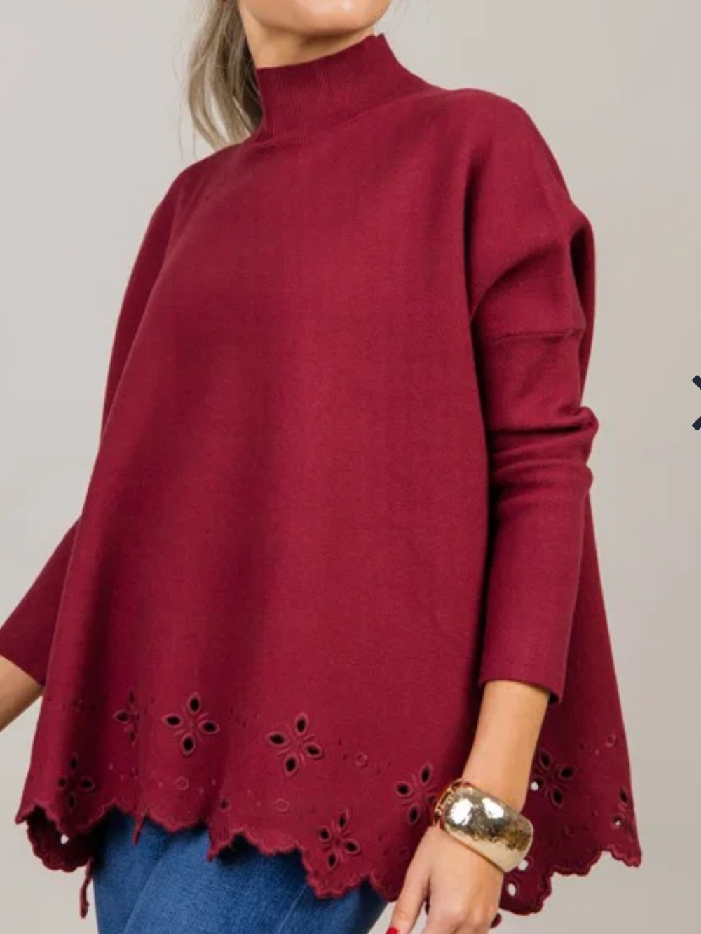 Entro Burgundy Mock Neck Eyelet Embroidered Scallop Hem Oversized Sweater M